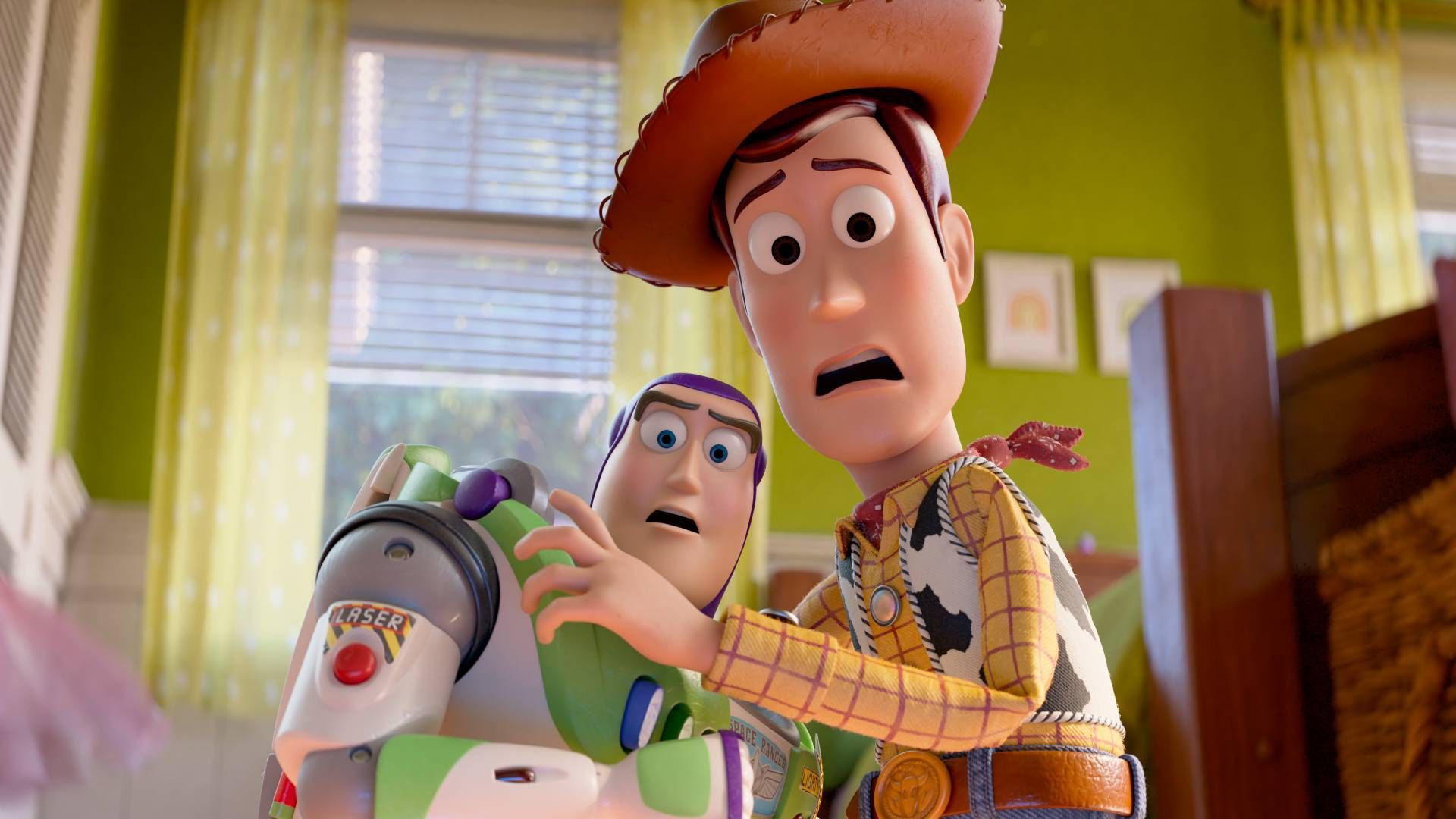 Buzz and Woody look scared in Toy Story 5