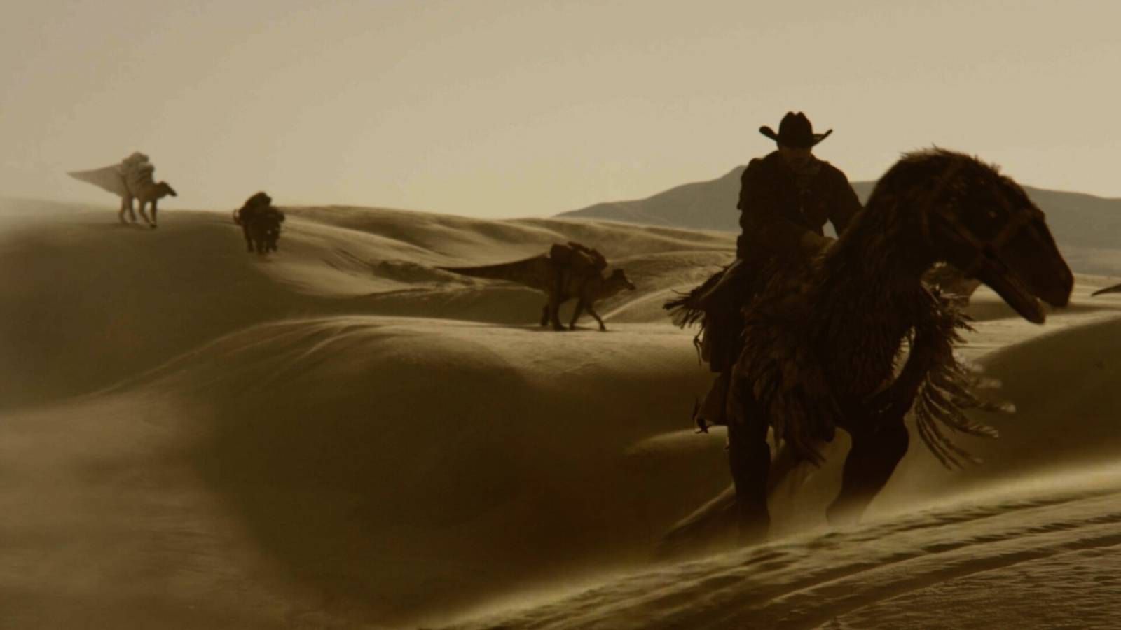 „Jurassic Park“ trifft auf „Tombstone“ im neuen Science-Fiction-Western, in dem Cowboys auf Dinosauriern reiten